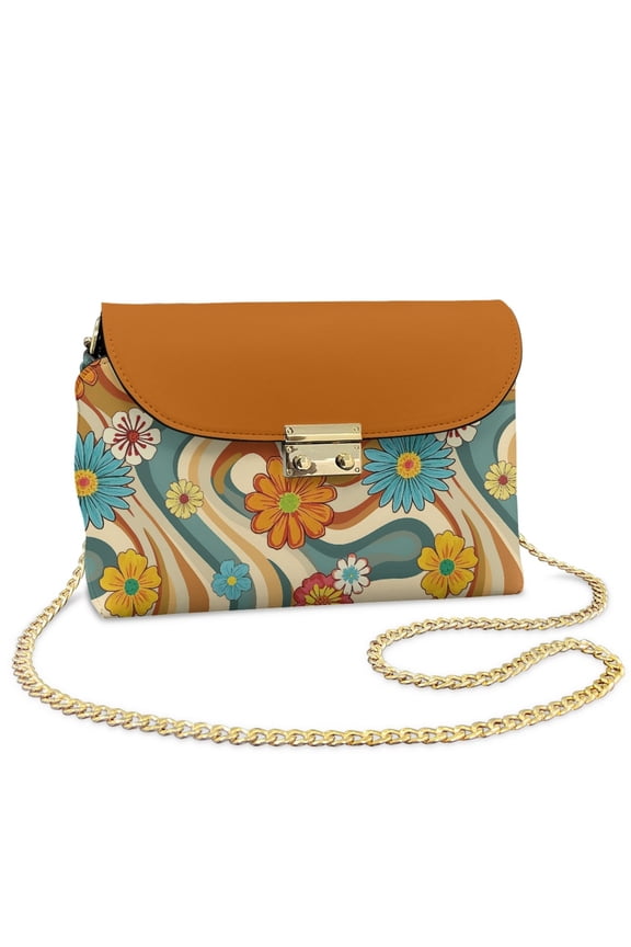 Hippie Daisy Wave Orange Print Crossbody Bags for Women, PU Leather Cross Body Purses, Minimalist Trendy Handbags Shoulder Bag with Detachable Strap