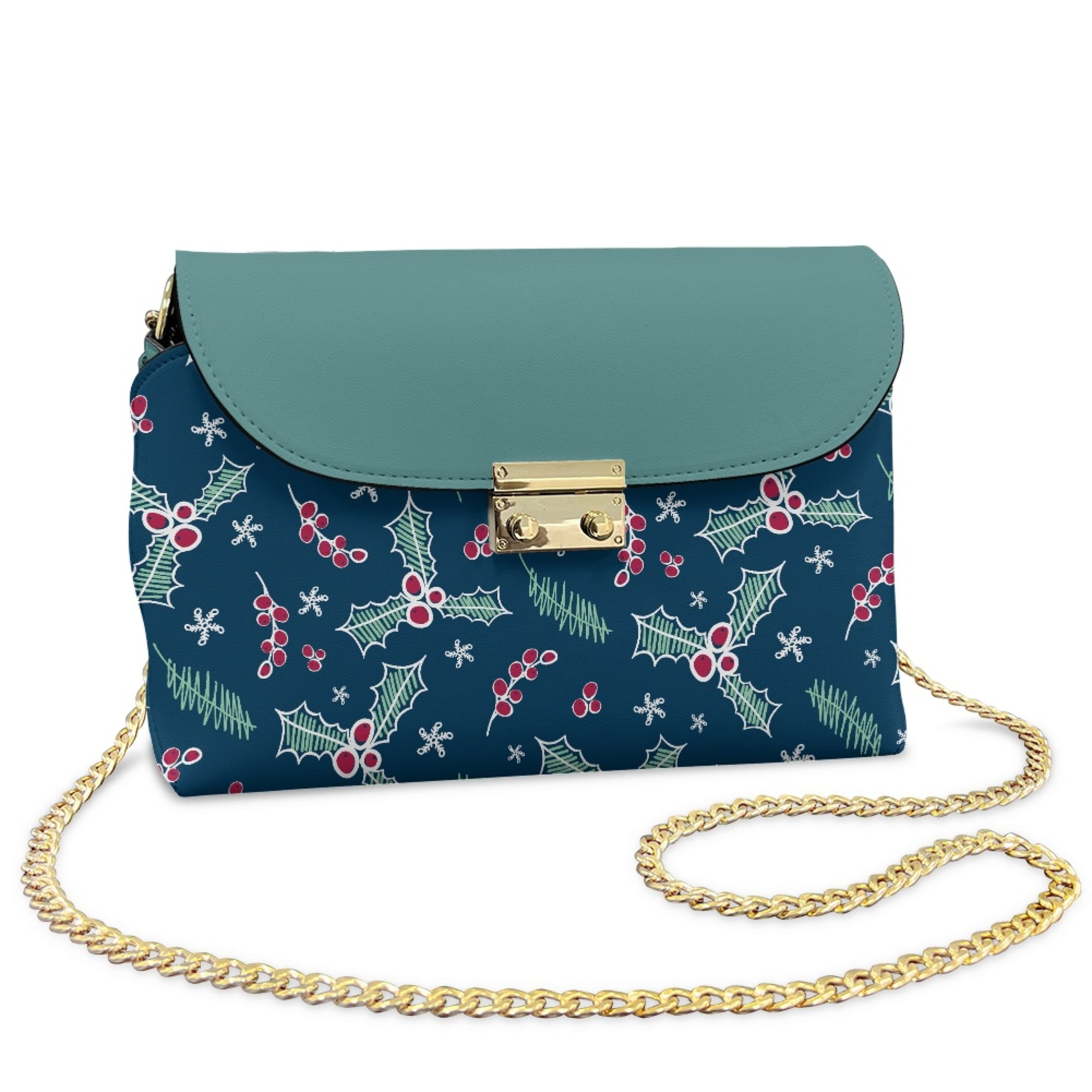 TSOVTHRID Holly Snowflake Doodle Green Print Crossbody Bags for Women, PU Leather Cross Body Purses with Detachable Chain, Handbags Shoulder Bag Fits Large Phone