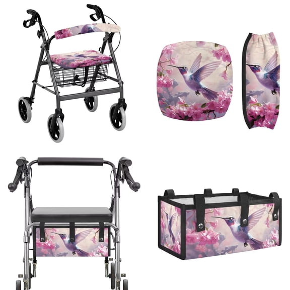 TSOVTHRID Hummingbird Cherry Blossom Pattern 3 Piece Set Walker Accessories, Washable Rollator Seat Cover & Backrest Covers Portable Walker Storage Under Seat Bag