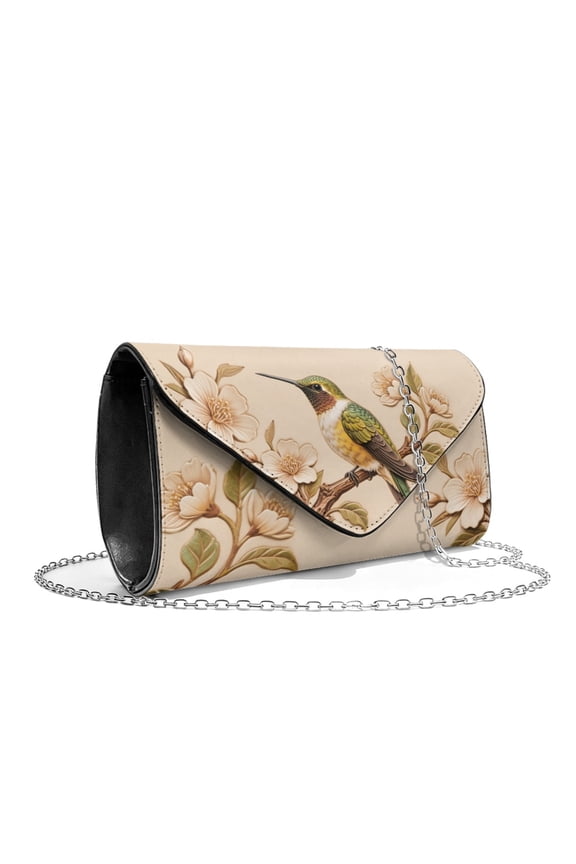 Hummingbird Cherry Blossom Print Clutch Purse Evening Bag for Women Formal Evening Purses with Chain Leather Party Handbag for Wedding Cocktail Elegance Charm, Beige
