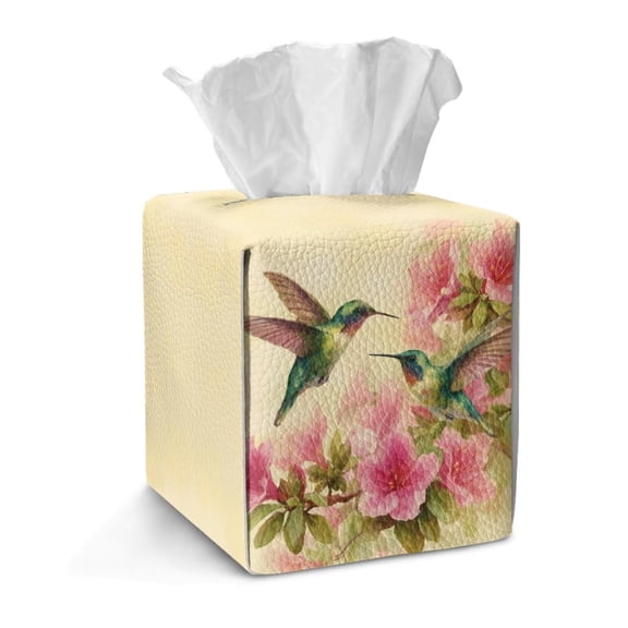 TSOVTHRID Hummingbird Cherry Blossom Print Tissue Box Cover Holder, Waterproof Tissue Holder Elegant Leather Cover for Disposable Paper Square Tissue Box Suitable for Dining, Kitchen, Bathroom