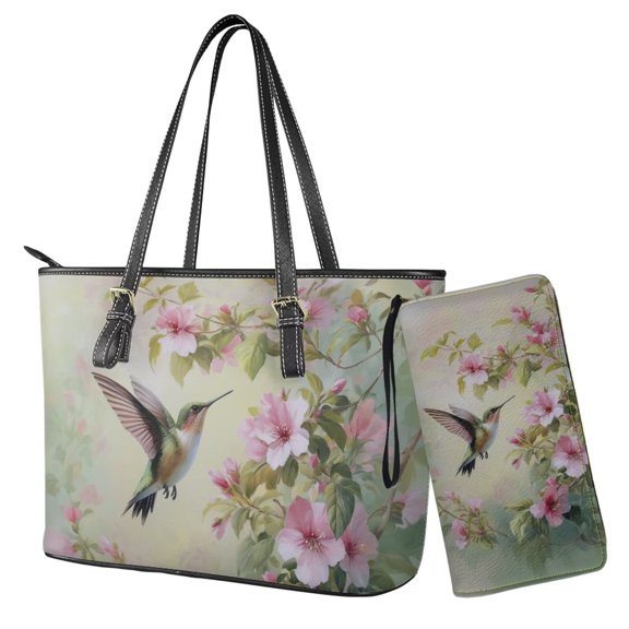 TSOVTHRID Hummingbird Cherry Blossom Print Tote Bag with Purse Lightweight Leather Handbag and Wallet Set for Women Waterproof Totes Top Handle Handbag with Matching Purse,