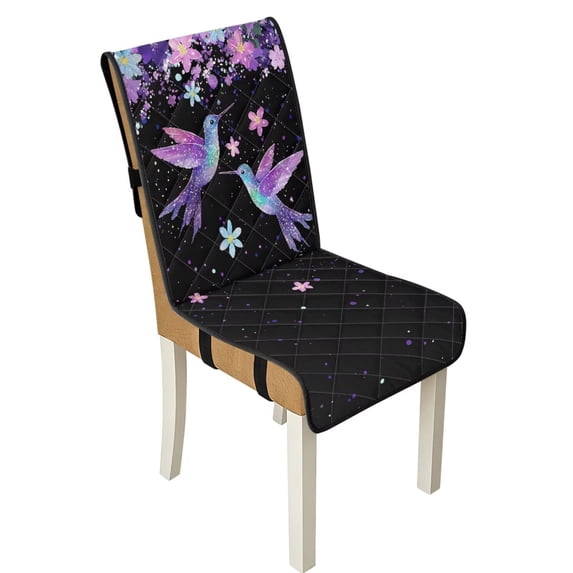 TSOVTHRID Hummingbird Floral Black Print Quilted Dining Chair Covers Upholstered Adjustable Armless Chair Slipcovers with Elastic Band Universal Fit Seat Cushion Covers, Set of 2