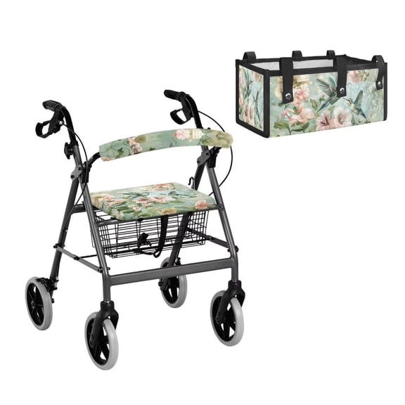 TSOVTHRID Hummingbird Flower Print Rollator Seat and Back Rest Covers, Univerasl Fit Rollator Seat and Back Rest Covers Foldable Underseat Pouch Tote for Rolling Walkers