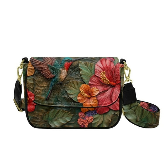 TSOVTHRID Hummingbird Hibiscus Floral Print Crossbody Bag Women's Shoulder Handbag, Cell Phone Purse, PU Leather Crossbody Handbags Purses with Wide Strap