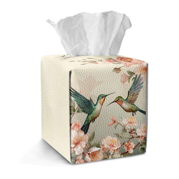 TSOVTHRID Hummingbird Peony Flower Pattern Tissue Box Cover Holder, Modern Tissue Holder Container PU Leather Disposable Square Tissue Box Cover for Home Office Car Decor