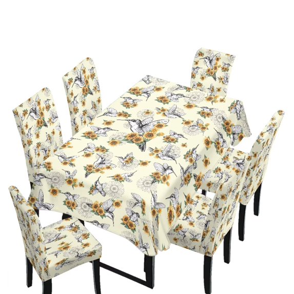 TSOVTHRID Hummingbird Sunflower Print Table Cover and Chair Slipcovers Set of 7, Removable Rectangle Tablecloth with Dining Chair Covers, Furniture Protectors, Machine Washable