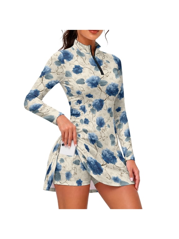 Hydrangeas Golf Dresses, Womens Long Sleeve Tennis Dresses 2 Piece Active Dress 1/4 Zip Slim Flattering Fit for Workout Exercise, Size Large
