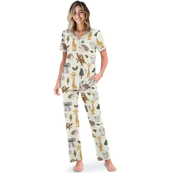 TSOVTHRID Koala Hedgehog Sloth Cow Giraffe Tree Print Women's Pajama Sets Pajama Women Soft Sleepwear with Long Pants Breathable Two-Piece Nightwear, Size M