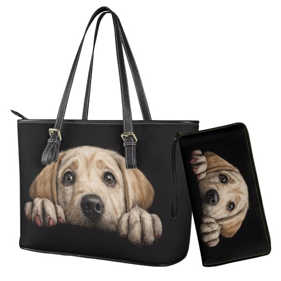 TSOVTHRID Labrador Dog Print Women's Handbag and Wallet Set Top Handle Purse Large Tote Shoulder Bag Waterproof Black Satchel Handbag with Matching Leather Wallet