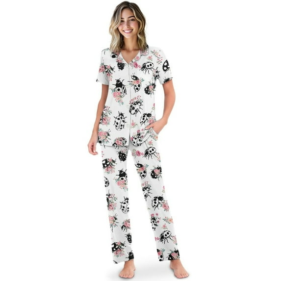 TSOVTHRID Ladybug Rose Print Pajama Set for Women Button Down Sleepwear with Long Pants Soft Loungewear Pjs Sets, Size XL