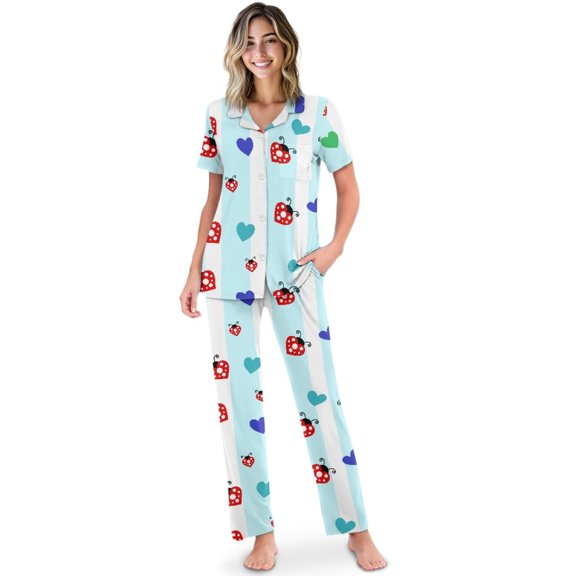 TSOVTHRID Ladybug Stripes Heart Print Women's Pajama Sets Button Down Lounge Set Soft Short Sleeve Sleepwear with Long Pants Pjs Sets, Size XL