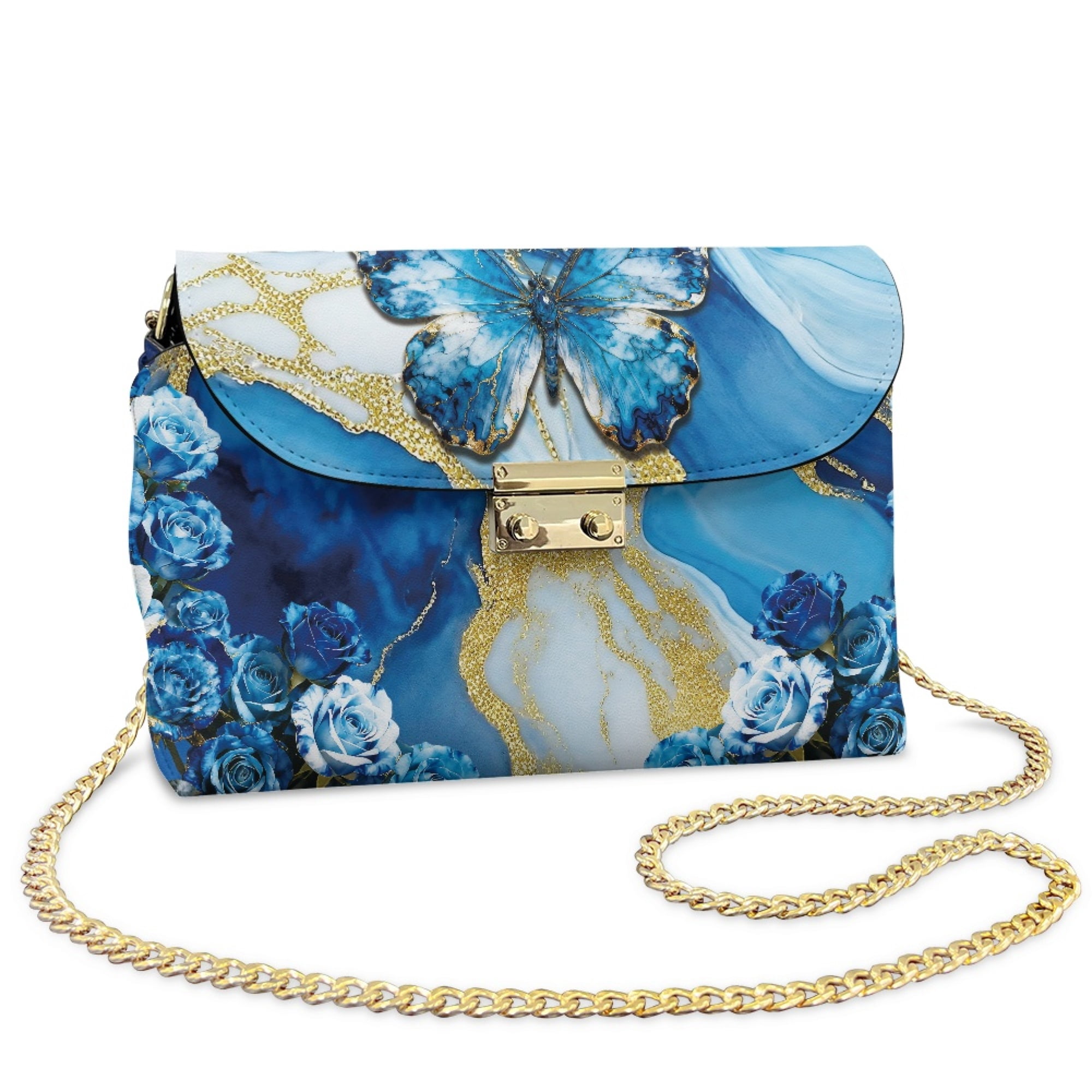 TSOVTHRID Leather Crossbody Purse for Women Waterproof Shoulder Purse with Detachable Chain Small Crossbody Bags Handbags for Travel Party, Blue Butterfly Rose Marble Texture Print