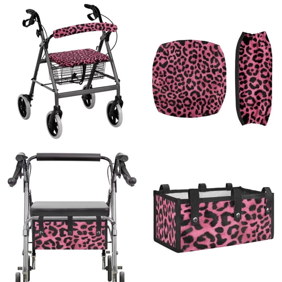 TSOVTHRID Leopard Pattern Mobility Scooter Accessories Sets, Elastic Walker Rollator Seat Cushion Back Cover Portable Underseat Pouch Tote for Rolling Walkers