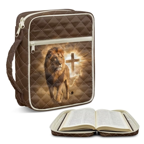 TSOVTHRID Lion Cross Print Bible Case for Women Men, Bible Cover with Portable Handle, Brown Quilted Carrying Book Case with Pockets and Zipper, Christian Gift