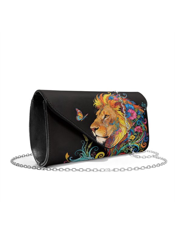 Lion Floral Butterfly Black Print Evening Bag for Women Formal, Leather Clutch Purses Envelope Purses for Wedding Party Cocktail Prom Crossbody Clutch Bag with Chain