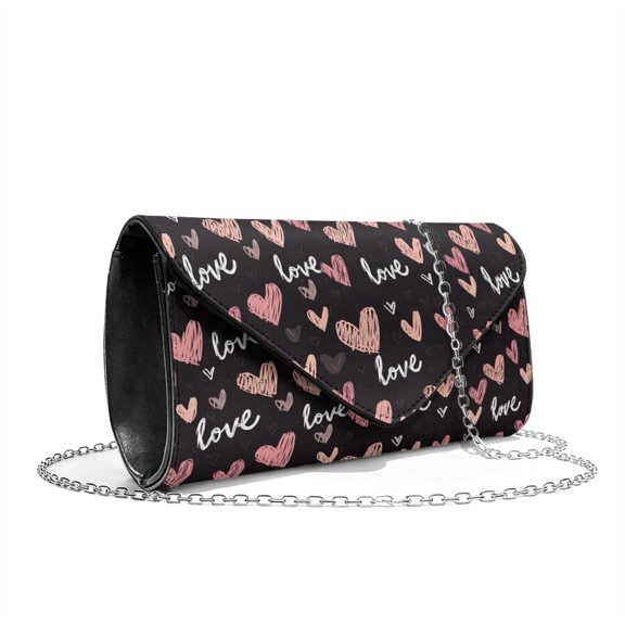 TSOVTHRID Love Heart Doddle Print Evening Clutch Purses for Women Formal Party Shoulder Handbag Black Evening Bag Elegant Leather Envelope Bags for Women Wedding Cocktail Valentine's Day