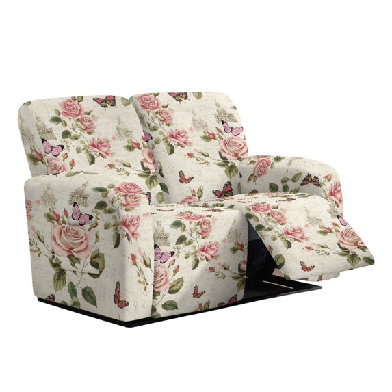 TSOVTHRID Loveseat Recliner Cover, 6-Piece Non Slip Couch Cover with Elastic Bottom Furniture Protector for Reclining Loveseat, Rose Flower Butterfly Vintage Print