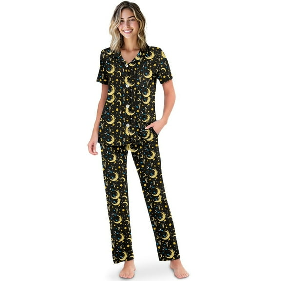 TSOVTHRID Moon Star Print Pajama Set for Women Notch Collar Nightwear Short Sleeve Pjs with Long Pants Soft Loungewear, Size S