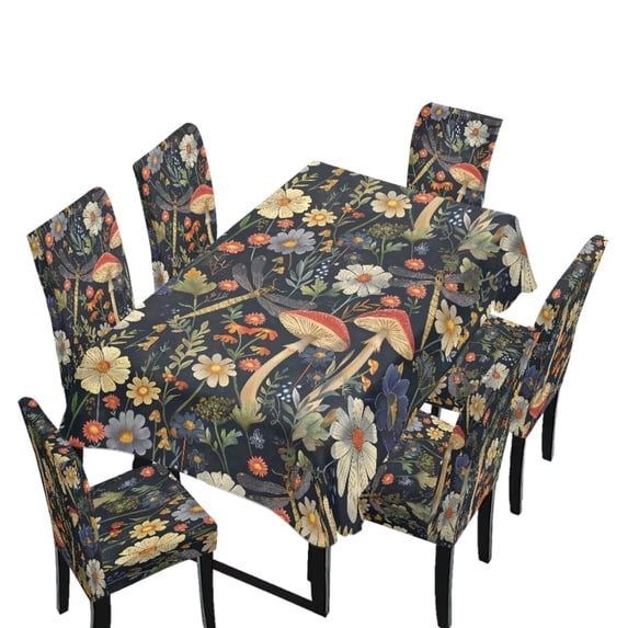 TSOVTHRID Mushroom Floral Dragonfly Print 7-Pcs Tablecloth and Chair Covers Set, Stretch Spandex Table Cover and Chair Slipcovers Stretch Seat Protector for Home Hotel Banquet