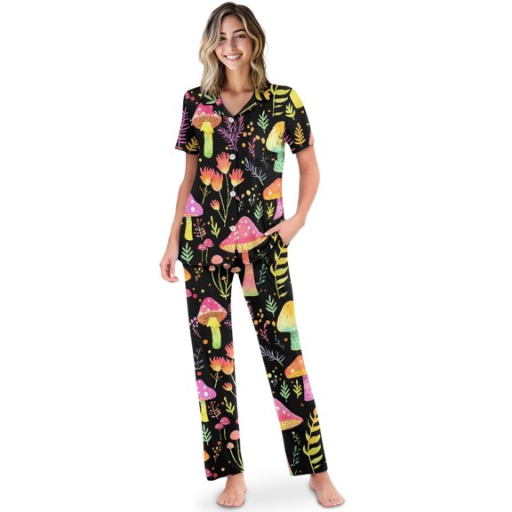 TSOVTHRID Mushroom Flower Print Women's Pajama Sets Notch Collar Loungewear with Long Pants Button Down Sleepwear, Size S