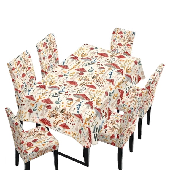 TSOVTHRID Mushroom Leaf Plant Print Rectangle Tablecloth Chair Cover Set Table Covers 55x82 Inches Table Cloth 6 Pieces Chair Cover for Kitchen Dining Room Decorative