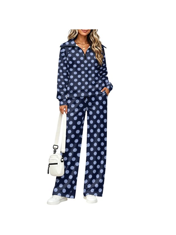 Navy Polka Dot 2 Piece Outfits for Women Half Zip Pullover Wide Leg Pants with Pockets Fall Winter Tracksuit Cozy Loungewear Casual Travel Vacation Clothing, S