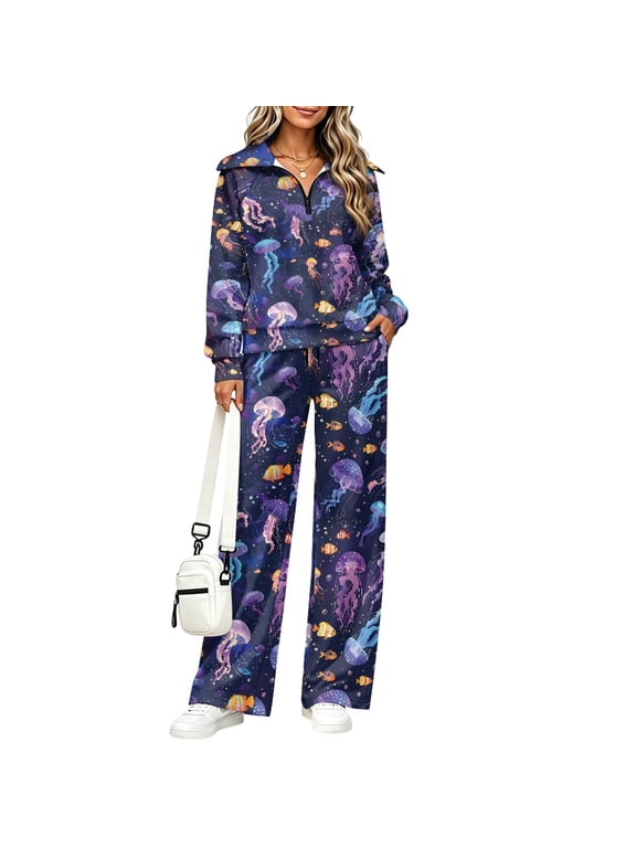 Ocean Jellyfish Print 2 Piece Outfits for Women Quarter Zip Pullover Wide Leg Pants with Pockets Casual Tracksuit Set Holiday Resort Travel Loungewear, M