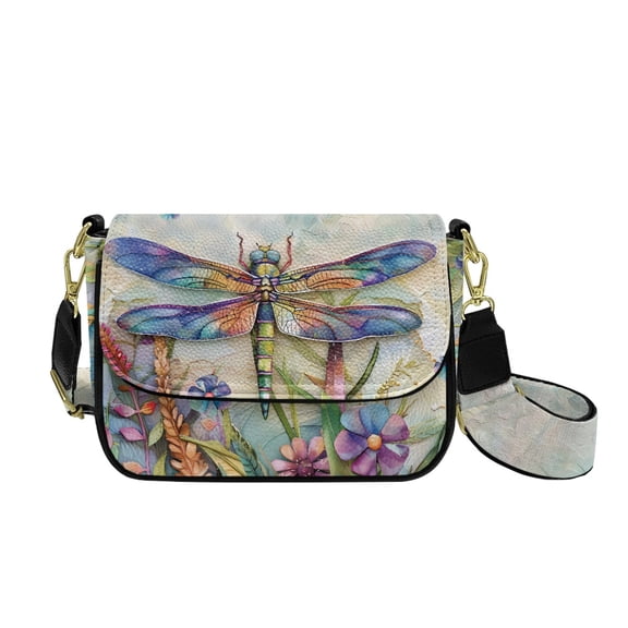 TSOVTHRID Oil Painting Dragonfly Floral Print Crossbody Bags for Women Trendy PU Leather Small Crossbody Purses Shoulder Handbags with Adjustable Strap