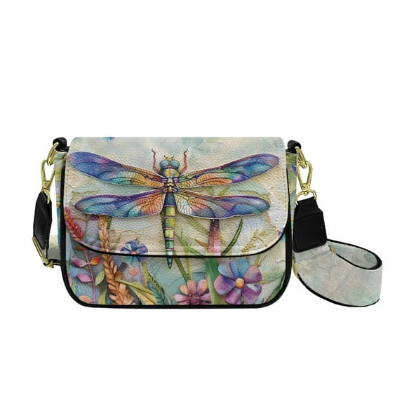 TSOVTHRID Oil Painting Dragonfly Floral Print Crossbody Bags for Women Trendy PU Leather Small Crossbody Purses Shoulder Handbags with Adjustable Strap