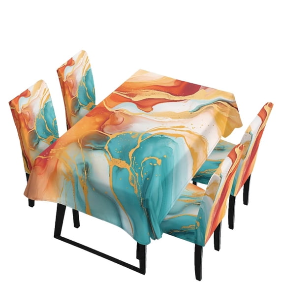 TSOVTHRID Orange Green Marble Print 5-Pc Tablecloth and Chair Covers Set, Stretch Spandex Table Cover and Chair Slipcovers Stretch Seat Protector for Home Hotel Banquet Decor