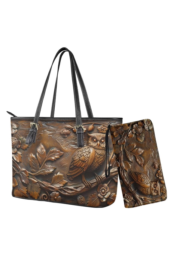 Owl Floral Print Purse and Wallet Set for Women Tote Handbag Tote Purse and Wallet Set Brown Shoulder Satchel Bags with Matching Purse for Working Shopping