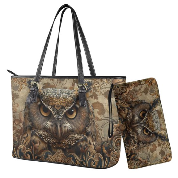 TSOVTHRID Owl Floral Print Tote Bags for Women Top Handle Satchel Purses Set Brown Hobo Shoulder Handbag with Matching Leather Wallet Top Handle Handbags for Shopping Working