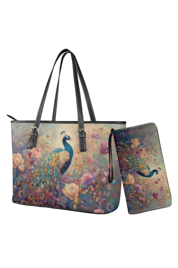 Peacock Floral Print 2PCS Top Handle Purse and Wallet Set for Women Trendy Tote Shoulder Bag PU Leather Hobo Bag Satchel Handbag with Matching Wallet