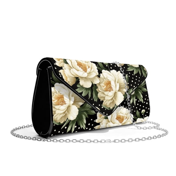 TSOVTHRID Peony Flower Polka Dot Print Clutch Purses for Women Formal Clutch Handbags with Chain Strap Elegant Evening Bag for Wedding Party Cocktail Prom, Black