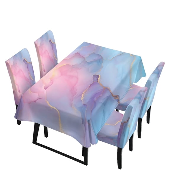 TSOVTHRID Pink Blue Marble Print 5-Piece Tablecloth and Chair Covers Set, Stretchable Washable Spandex Table Cloth with Dinning Chair Cover for Home, Hotel, Banquet, Wedding, Party Decor