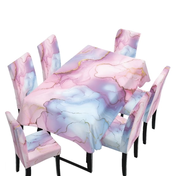TSOVTHRID Pink Blue Marble Print 7 Pcs Tablecloth Chair Cover Set Chair Covers Decoration Rectangle Table Cloth for Dining Room Banquet Party Festival Decor