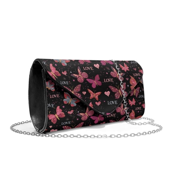TSOVTHRID Pink Butterfly Love Heart Print Clutch Purses for Women Formal Evening Handbags Leather Purse for Wedding Party Cocktail Prom Crossbody Envelope Bag with Chain, Black