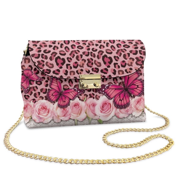 TSOVTHRID Pink Butterfly Rose Leopard Print Crossbody Bag Women's PU Leather Purses, Crossbody Handbags Purses, Small Shoulder Handbags with Detachable Strap