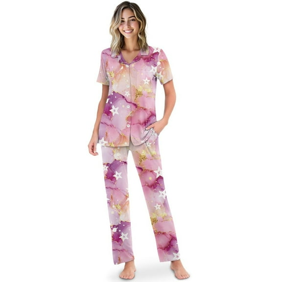 TSOVTHRID Pink Gold Marble Star Print Women's Pajama Sets Pajama Women Soft Sleepwear with Long Pants Breathable Two-Piece Nightwear, Size 2XL