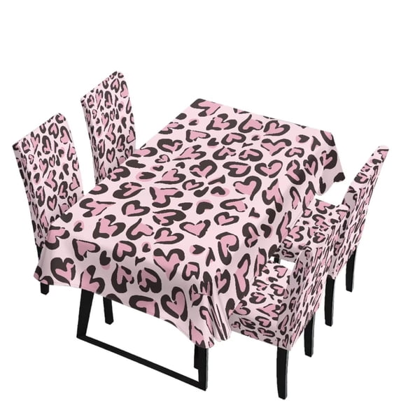 TSOVTHRID Pink Heart Leopard Print Dining Chair Seat Covers Set of 5 PCS Includes Dining Chair Covers with Tablecloths, Washable Table Cloth Scratch-Resistant Seat Protector for Party Decoration