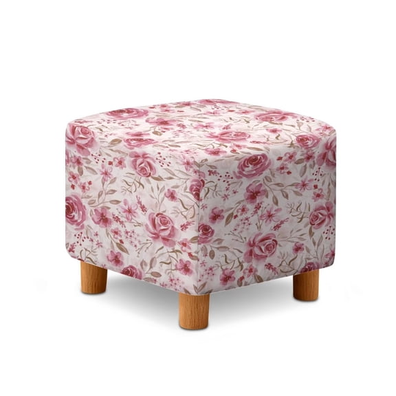 TSOVTHRID Pink Rose Floral Print Ottoman Slipcover Square Machine Washable Stretch Storage Ottoman Covers Removable Footrest Stool Cover Protector for Dogs Pets