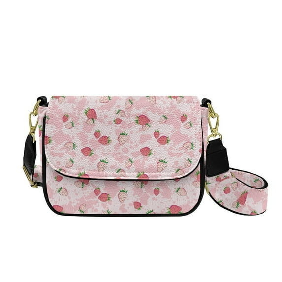 TSOVTHRID Pink Strawberry Cow Print Crossbody Purse for Women, PU Leather Cell Phone Purse, Trendy Crossbody Bags, Handbags Shoulder Bag for Travel Party