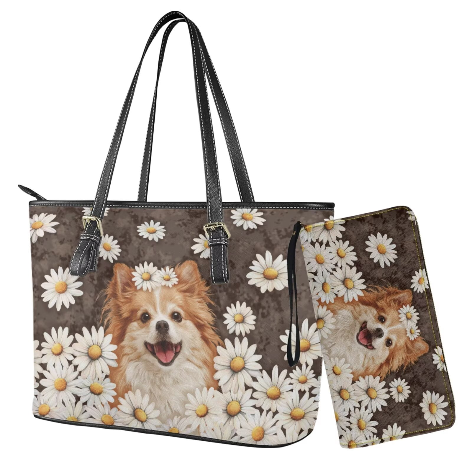 TSOVTHRID Pomeranian Dog Daisy Print Purse for Women Pu Leather Shoulder Purse Top Handle Tote Satchels with Wallet Large Capacity Handbag Wallet Set for Shopping Walking, Beige