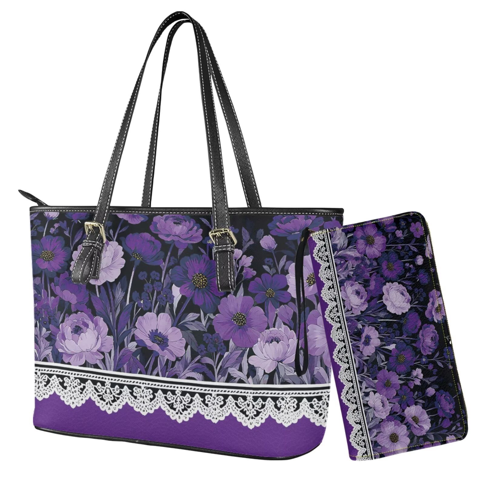 TSOVTHRID Poppy Peony Floral Print Tote Bag Handbag with Wallet Set Pu Leather Hobo Shoulder Bag for Women Ladies 2 Pcs Purple Top Handle Handbag Purse Clutch Shoulder Satchel