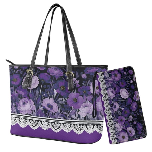 TSOVTHRID Poppy Peony Floral Print Tote Bag Handbag with Wallet Set Pu Leather Hobo Shoulder Bag for Women Ladies 2 Pcs Purple Top Handle Handbag Purse Clutch Shoulder Satchel