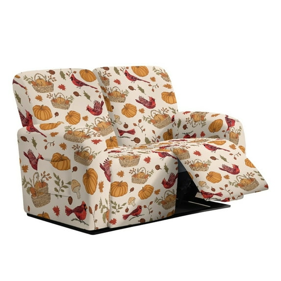 TSOVTHRID Pumpkin Cardinal Maple Leaf Print Reclining Loveseat Covers with Elastic Bottom 6-Piece Loveseat Recliner Cover, Washable Sofa Furniture Protector for Pet Dog Home Fall Decor