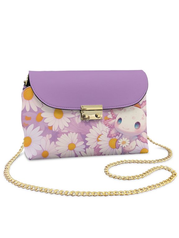 Purple Axolotl Daisy Floral Print Leather Crossbody Bags for Women with Small Purse Women's Shoulder Handbags with Anti-Theft Zipper Lightweight Crossbody Purses