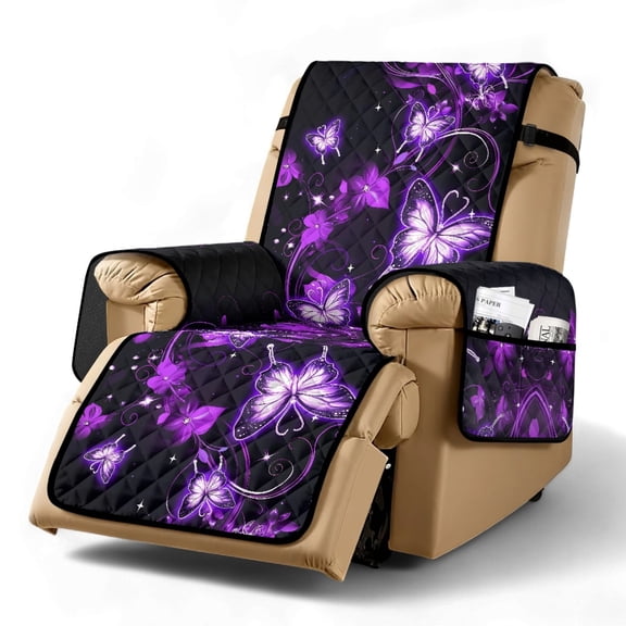 TSOVTHRID Purple Butterfly Floral Print Recliner Slipcover Non Slip Lazy Boy Chair Covers for Reclining Chair with Pocket Black Soft Couch Cover 1 Seat Recliner Sofa Slipcovers for Living Room
