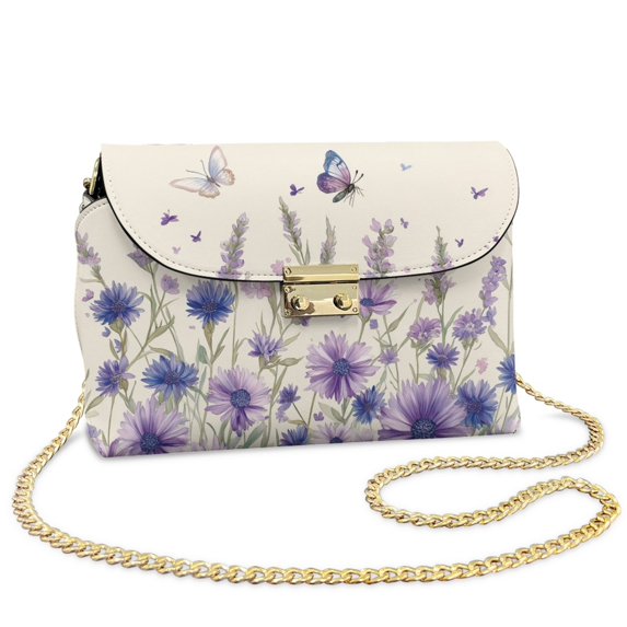 TSOVTHRID Purple Daisy Butterfly Beige Print Crossbody Bag Women's Shoulder Handbag, Cell Phone Purse, PU Leather Crossbody Handbags Purses with Chain Strap